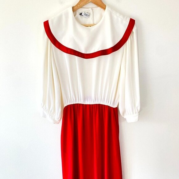 Vintage Pierre Cardin Bib Collar Maxi Dress Womens Sz 14 White Red Modest Sheer - Picture 2 of 16